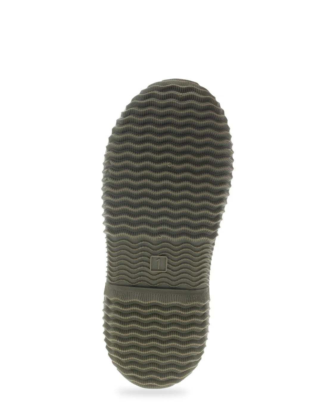 The textured rubber outsole of an olive green boot, shown from a top-down view against a plain white background.