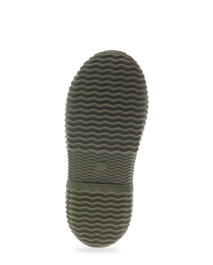 The textured rubber outsole of an olive green boot, shown from a top-down view against a plain white background.