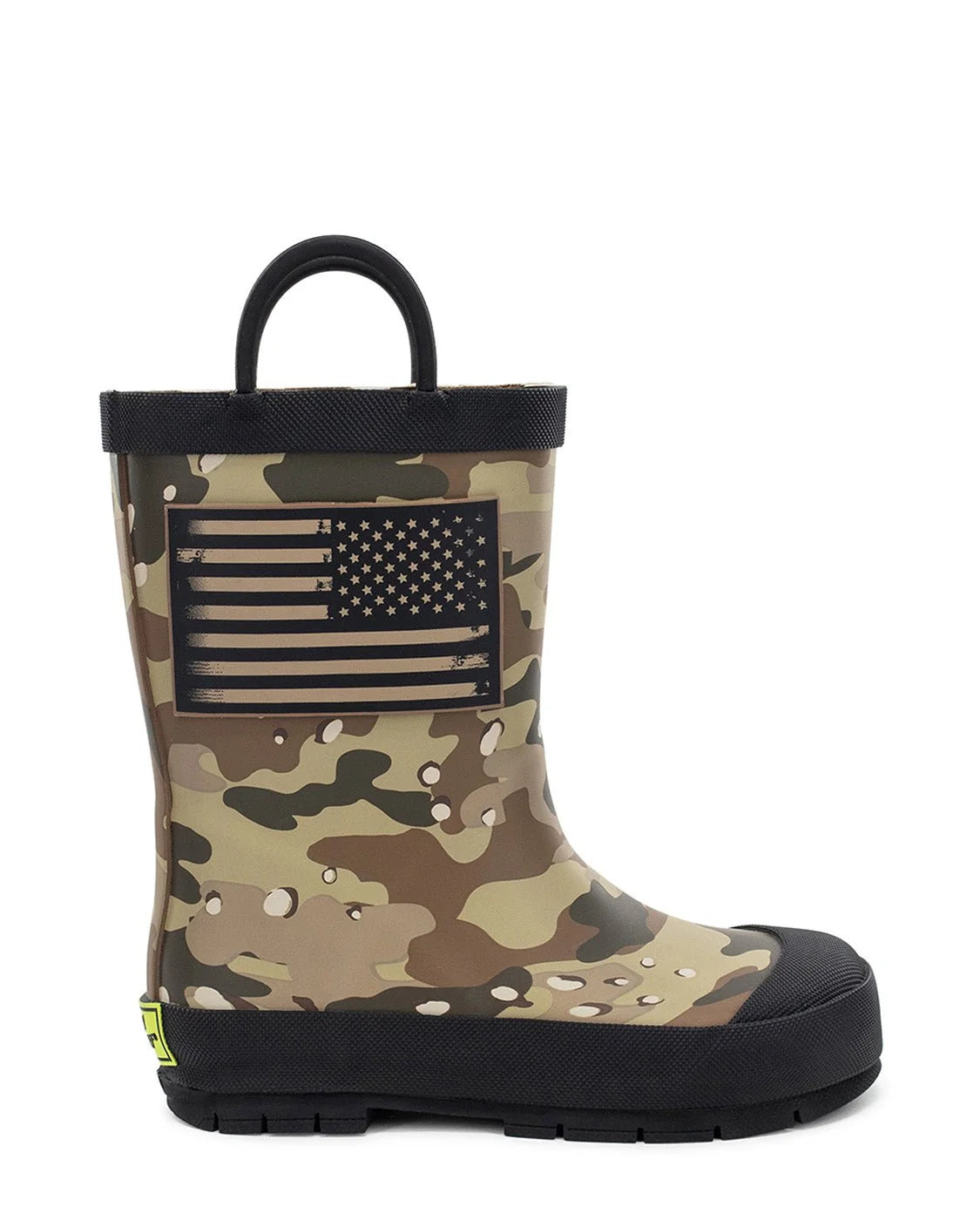 A single mid-calf rain boot with a camouflage pattern in shades of tan, brown, and green, featuring a black American flag patch on the side and a black rubber sole.