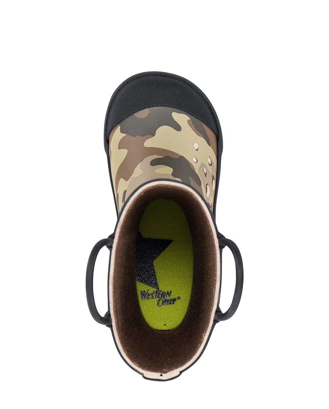 Top-down view of a Western Chief mid-calf boot featuring a brown, beige, and black camouflage pattern on the upper, black side handles, and a bright lime green interior footbed.