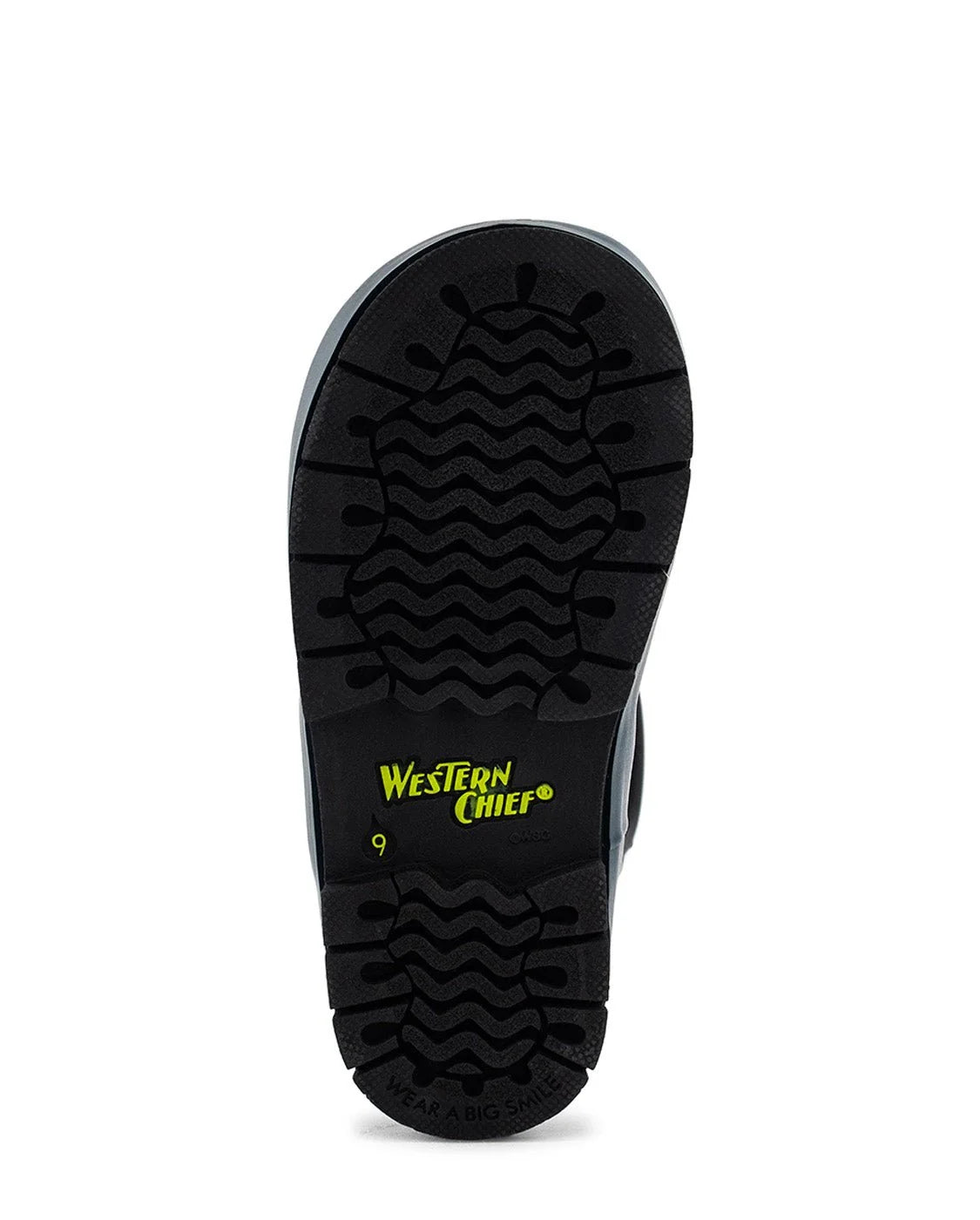 The black rubber outsole of a Western Chief boot, featuring a textured tread pattern and a bright yellow logo, shown against a plain white background.
