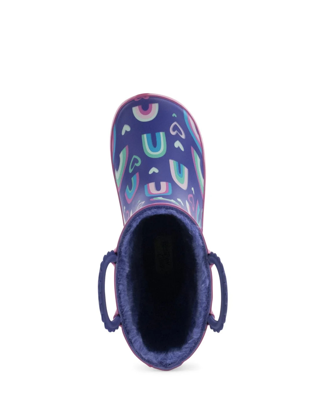 Navy blue rain boot with colorful pattern on a white background, birds eye view