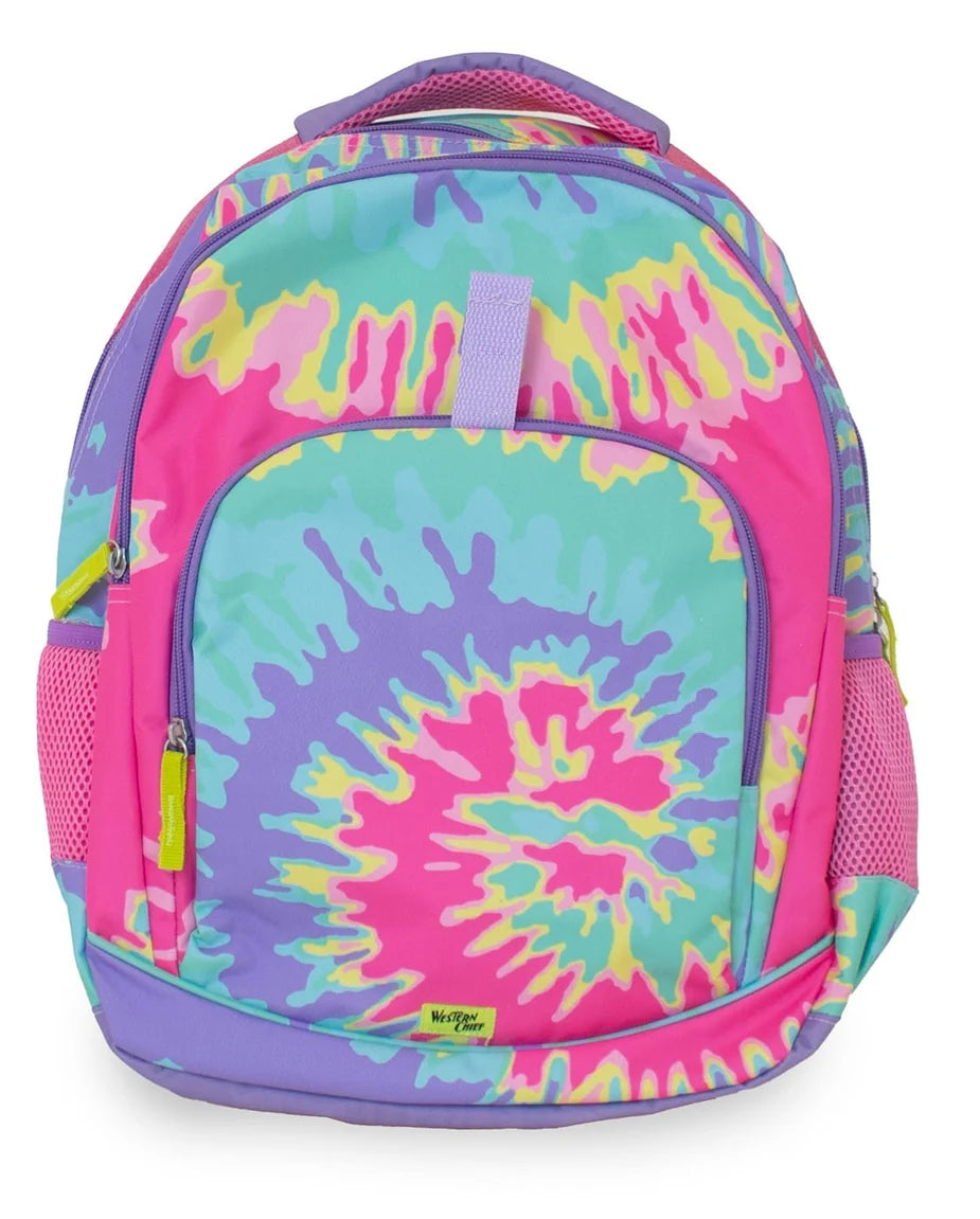 A vibrant tie-dye backpack featuring a spiral pattern of pink, purple, teal, and yellow, with mesh side pockets and a small yellow 'Western chief' brand tag at the bottom.