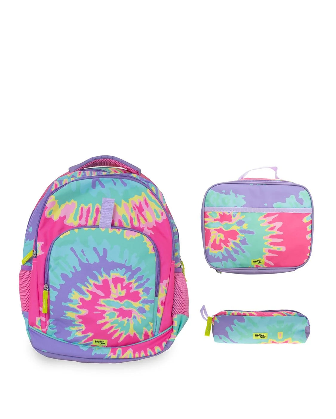 A school backpack set with a bright tie-dye pattern in pink, purple, teal, and yellow, shown with a matching lunch box and pencil case on a white background.