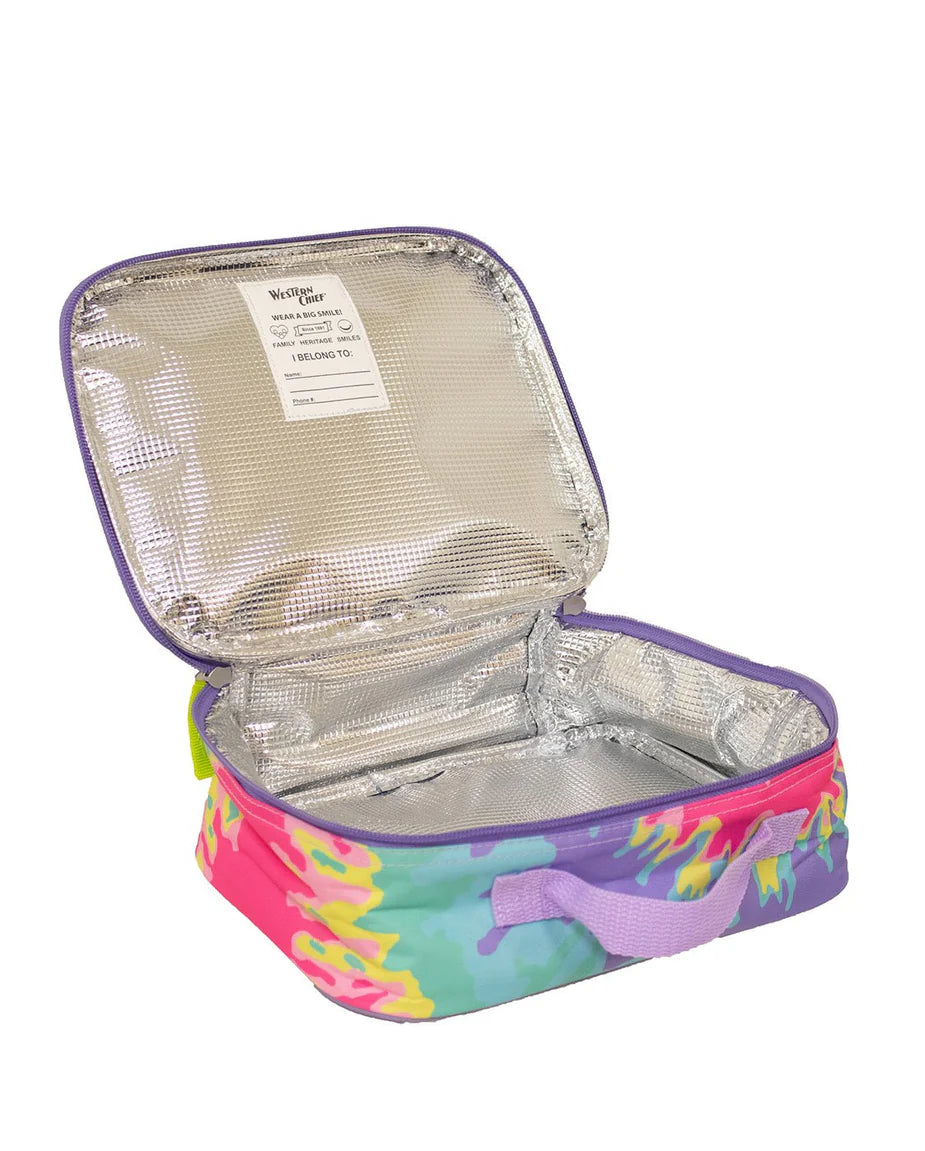 A square insulated lunch bag with a colorful tie-dye pattern in pink, teal, purple, and yellow, shown open with a silver foil-lined interior on a white background.