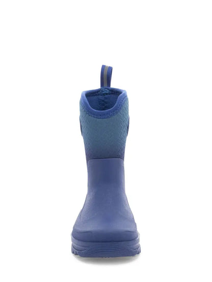 A single blue ankle rain boot shown from the back, featuring a blue collar and a solid rubber sole, on a white background.