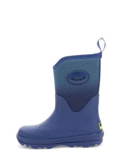 A single blue rubber rain boot with a textured blue upper and a small yellow logo on the side, shown against a plain white background.