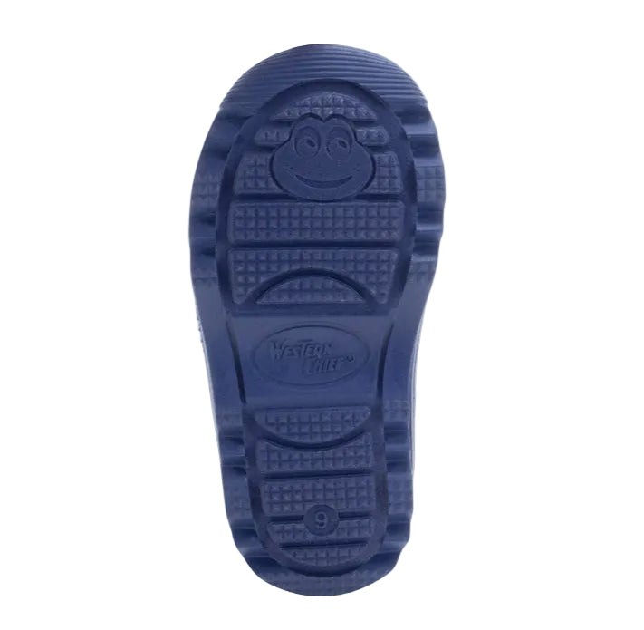 The bottom sole of a dark blue boot, featuring a frog face embossed near the toe and the 'Western Chief' brand logo in the center, shown on a white background.