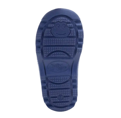 The bottom sole of a dark blue boot, featuring a frog face embossed near the toe and the 'Western Chief' brand logo in the center, shown on a white background.