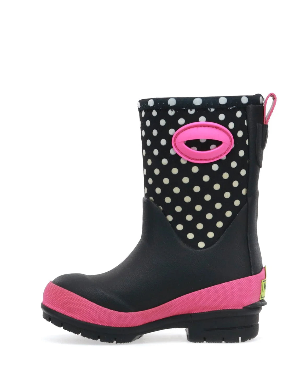 A single children's rain boot in black with white polka dots, a bright pink oval handle detail, and a pink midsole accent, shown against a plain white background. Left view