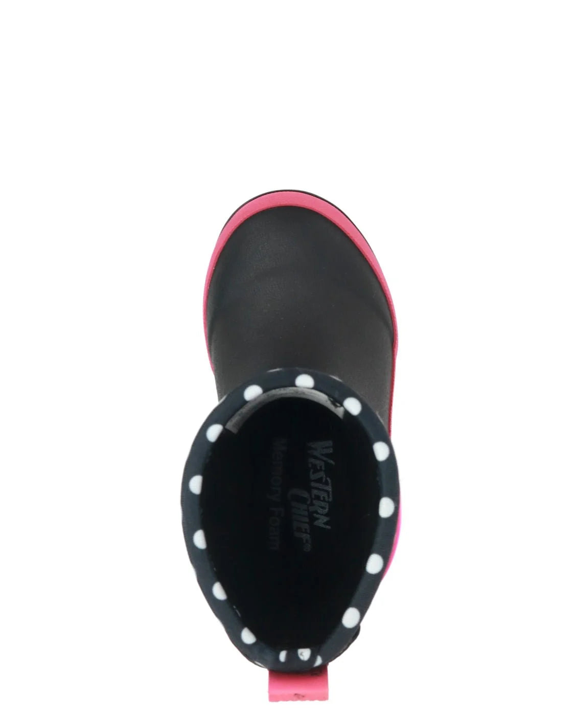 Top-down view of a Western Chief boot in black with a pink trim and white polka-dot pattern around the collar, on a white background.