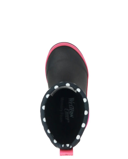 Top-down view of a Western Chief boot in black with a pink trim and white polka-dot pattern around the collar, on a white background.
