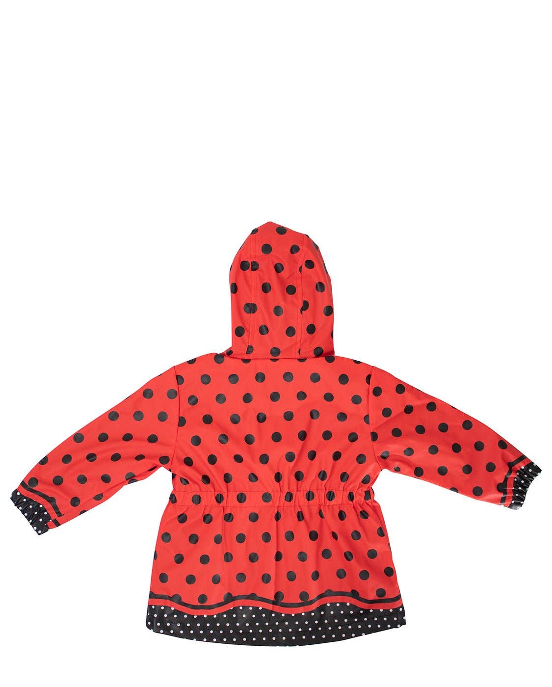 Red raincoat with black polka dots on a white background