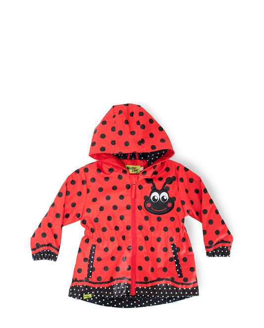 Red polka dot raincoat with ladybug design on a white background