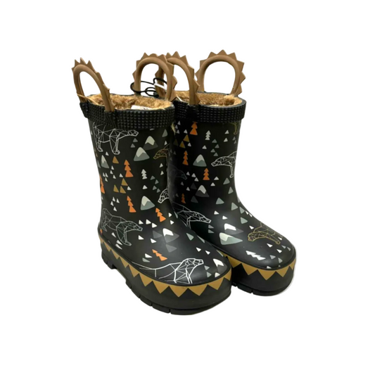 Pair of black rain boots with nature-themed pattern on a light gray background