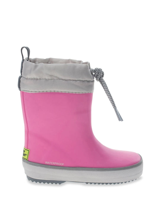Pink rain boot with gray top and sole on a white background