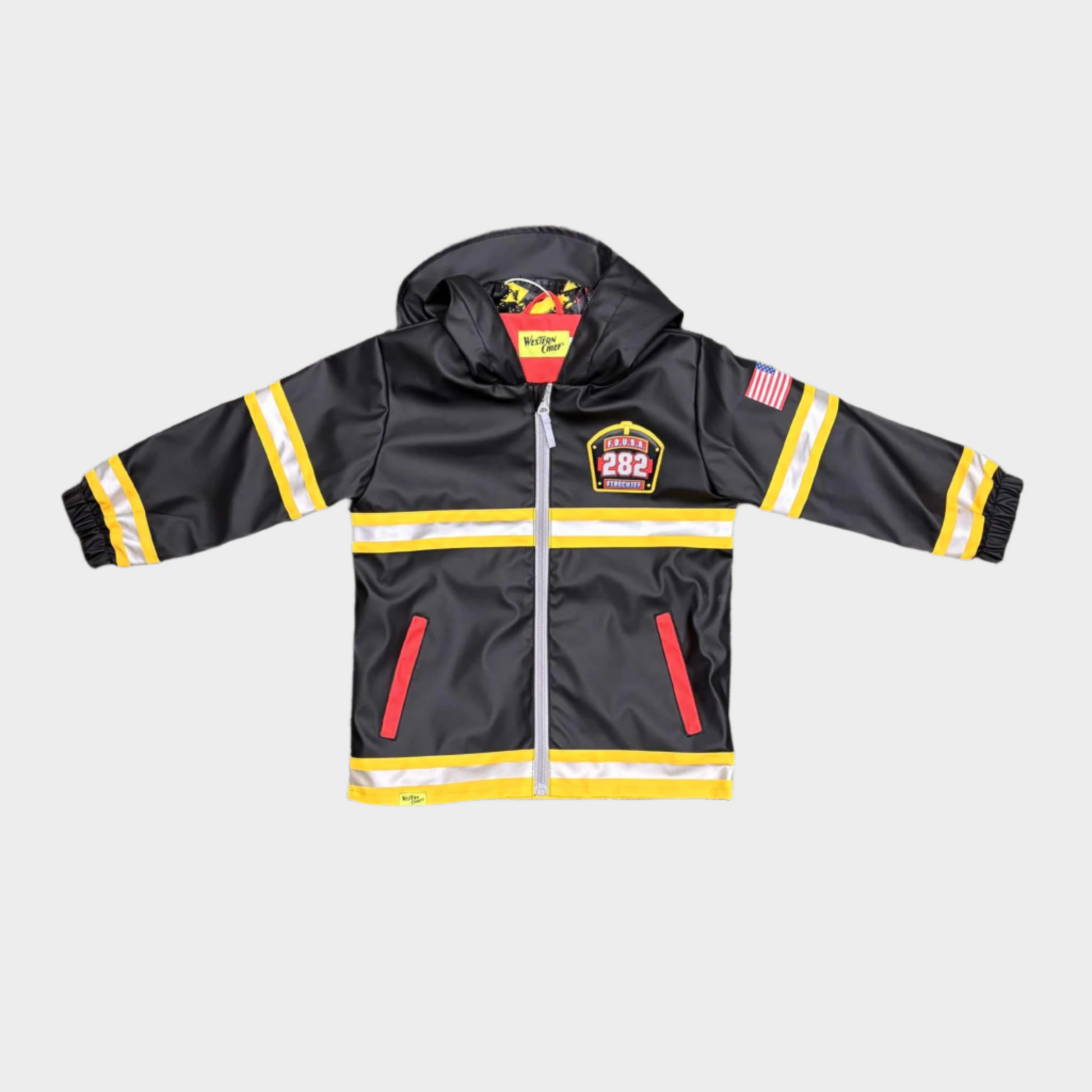 Black fire-themed jacket with reflective stripes and red details