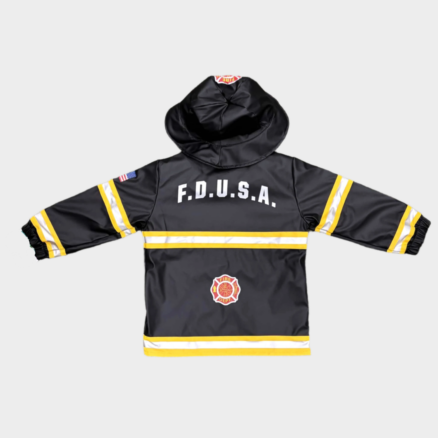 Black children's jacket with 'F.D.U.S.A.' text and fire emblem on a textured surface