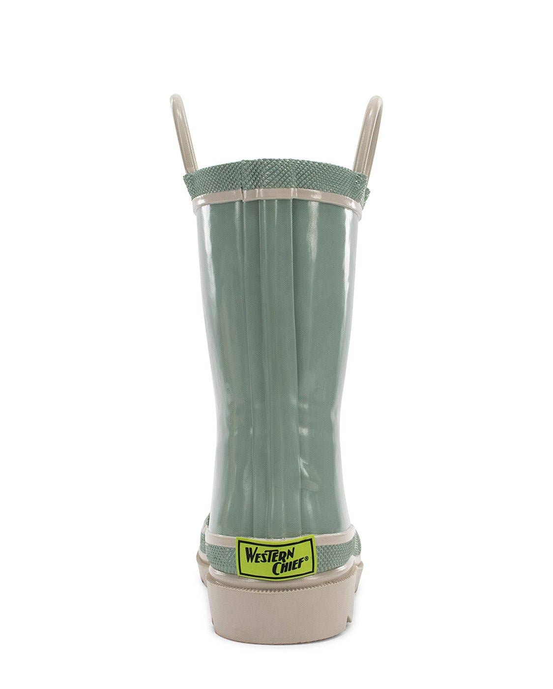 Green rain boot with a beige sole on a white background