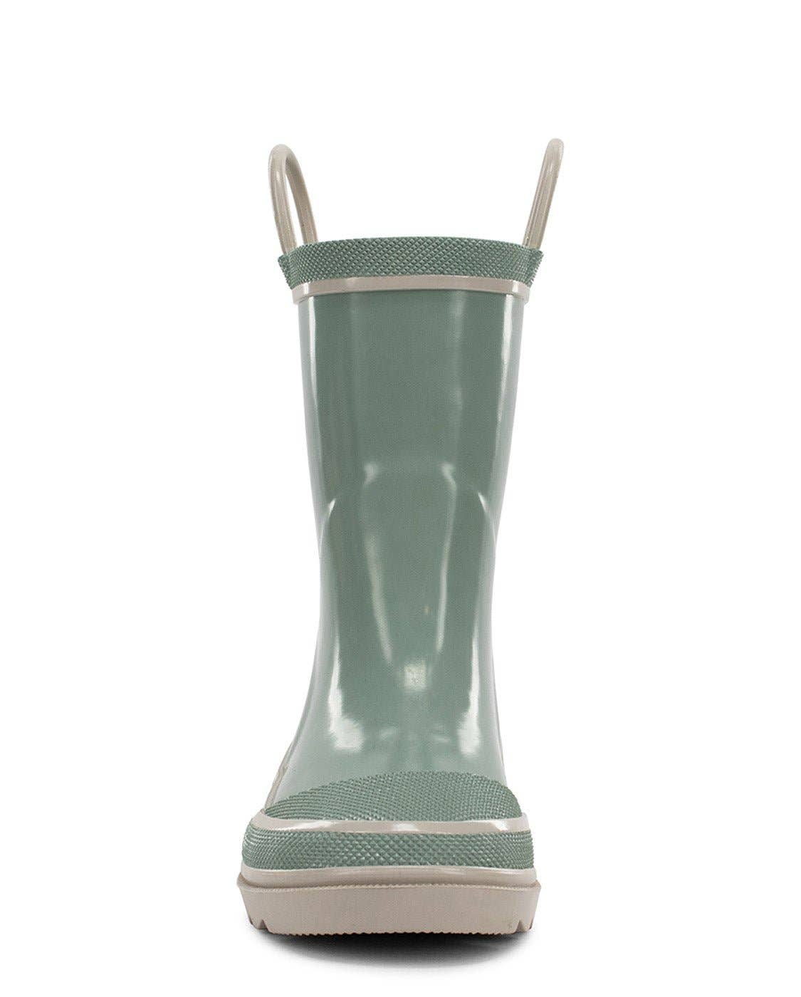 Green rain boot with beige sole on a white background