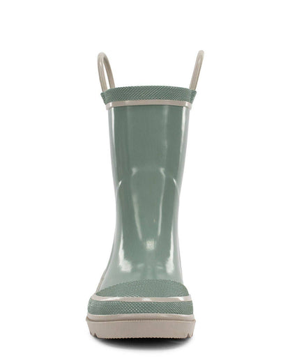 Green rain boot with beige sole on a white background