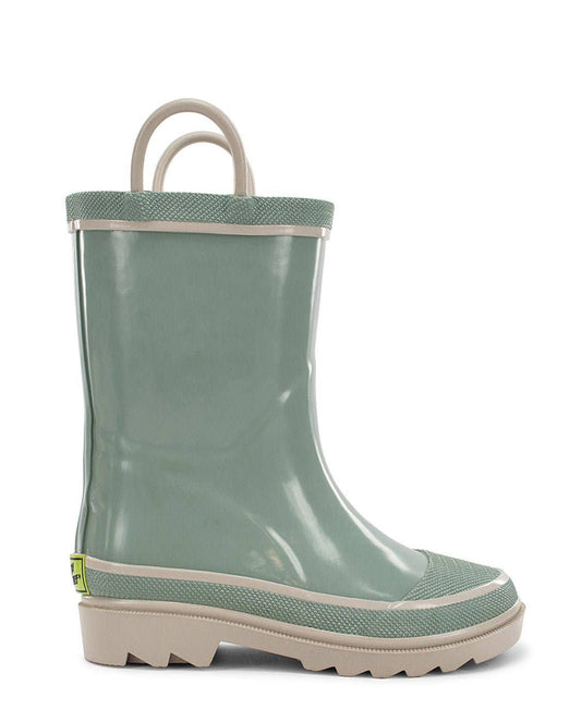 Green rain boot with beige handle and sole on a white background