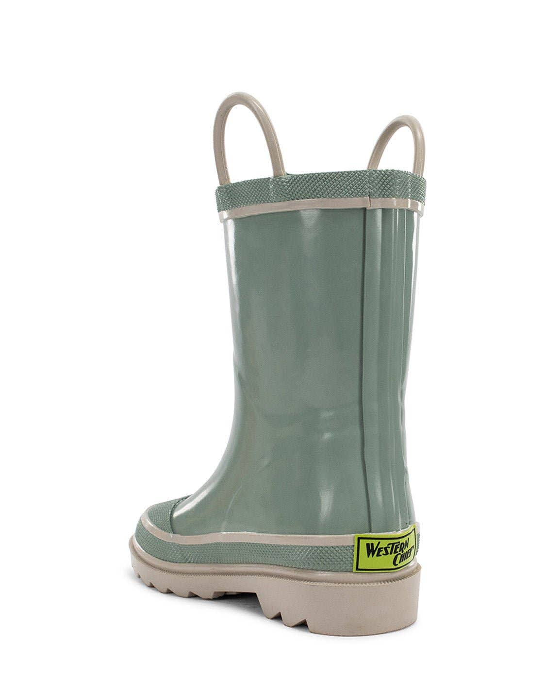 Green rain boot with handles on a white background