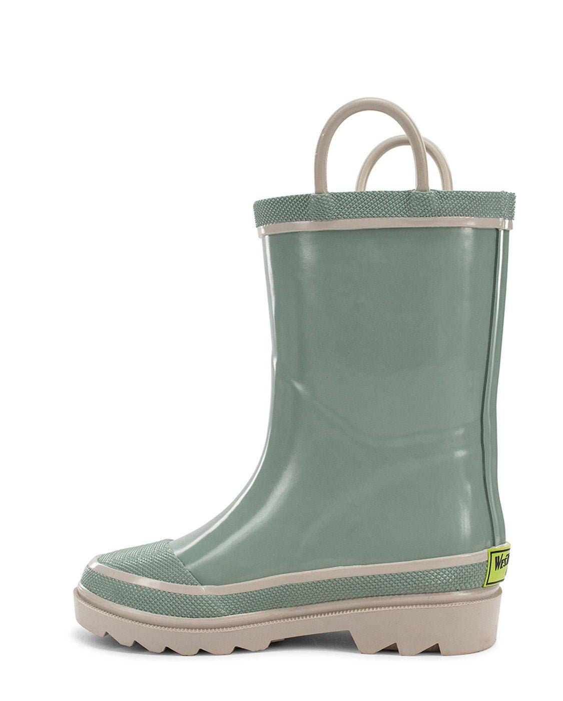 Green rain boot with a handle on a white background