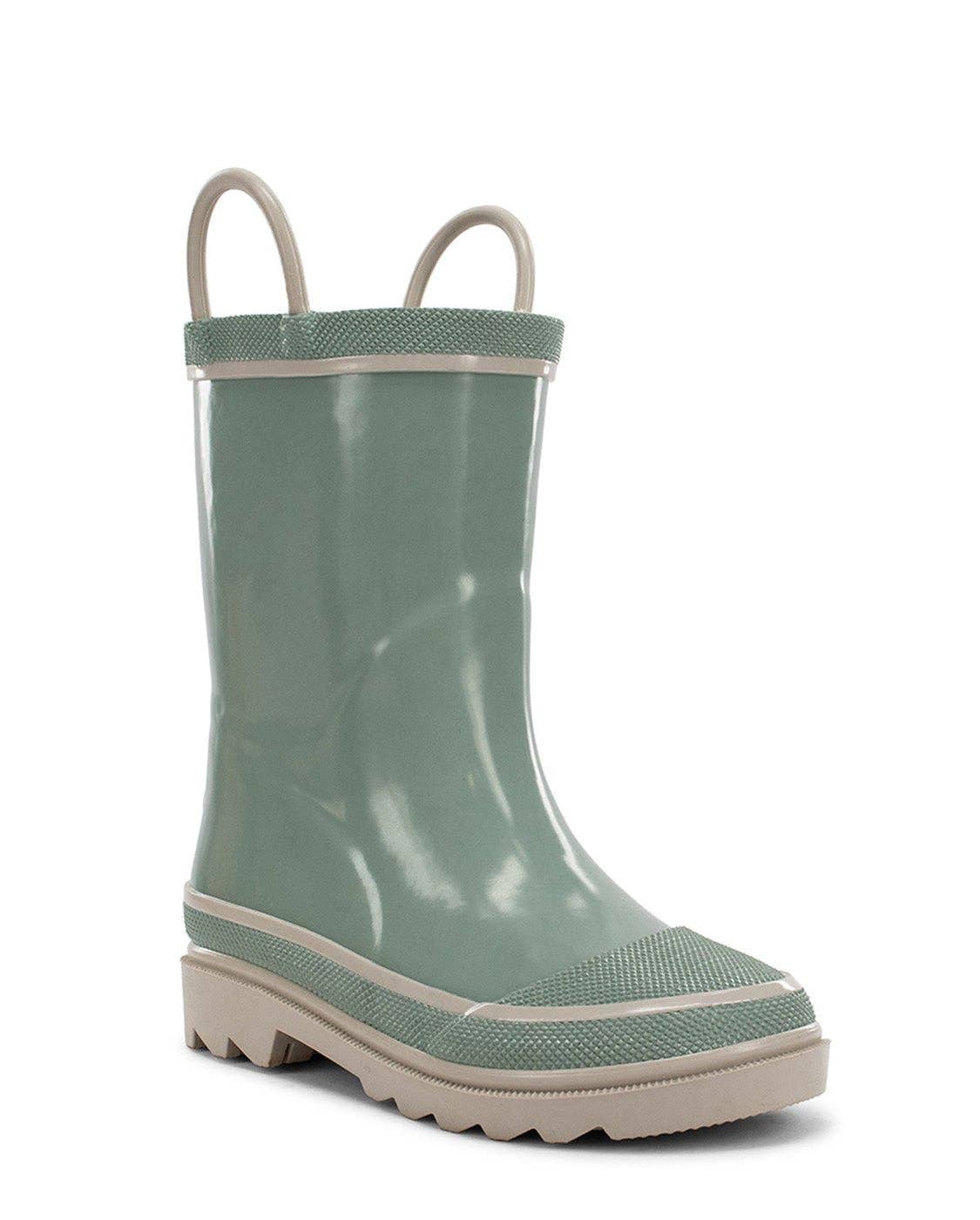 Green rain boot with beige handles on a white background
