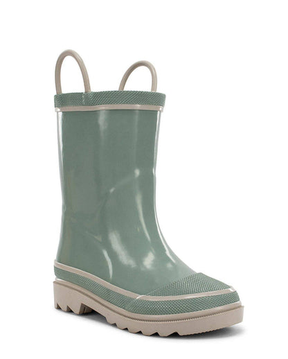 Green rain boot with beige handles on a white background