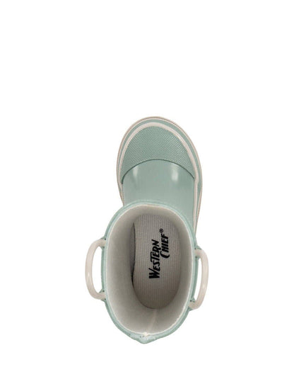 Light green rubber boot with white interior on a white background