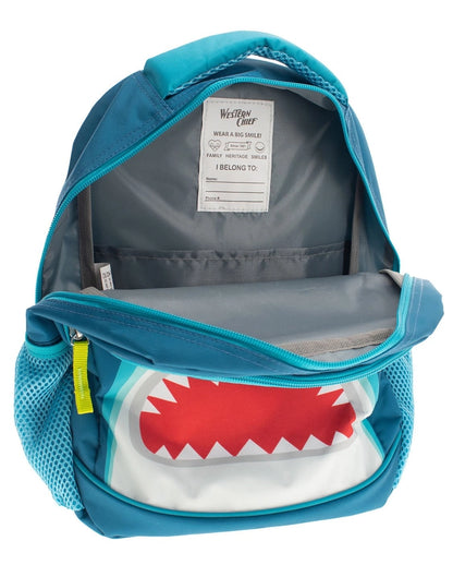 Blue backpack with shark mouth design on a white background