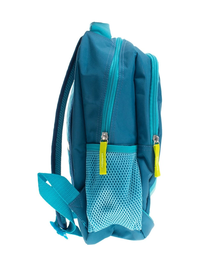 Blue backpack with a front pocket on a white background