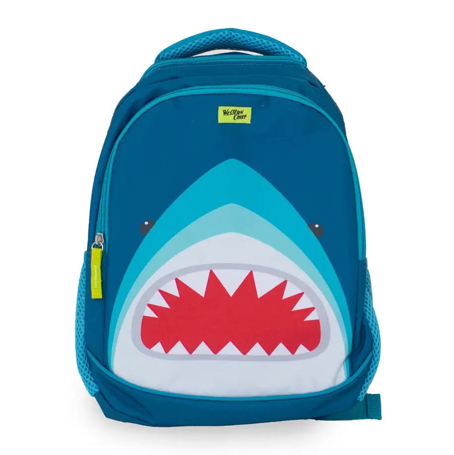 Blue shark-shaped backpack with a red mouth on a white background