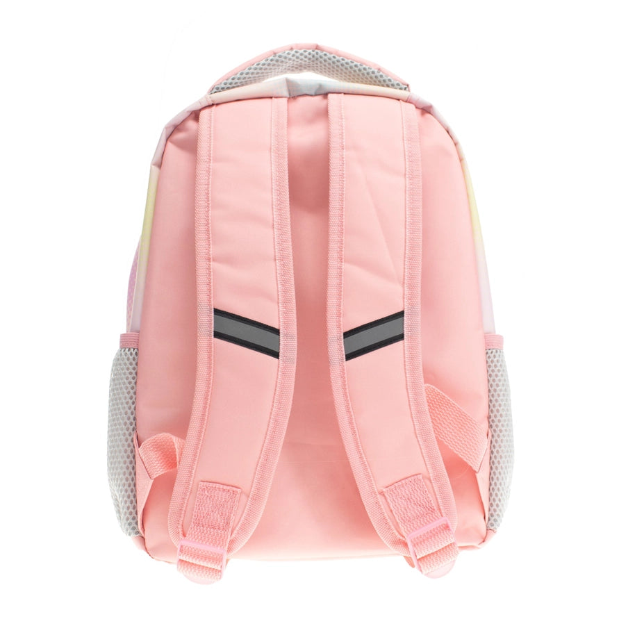 Pink unicorn backpack with straps on a white background