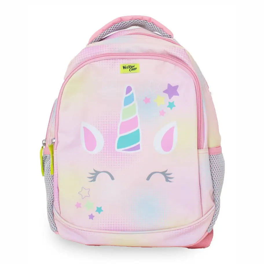 Pink unicorn backpack with colorful design on a white background