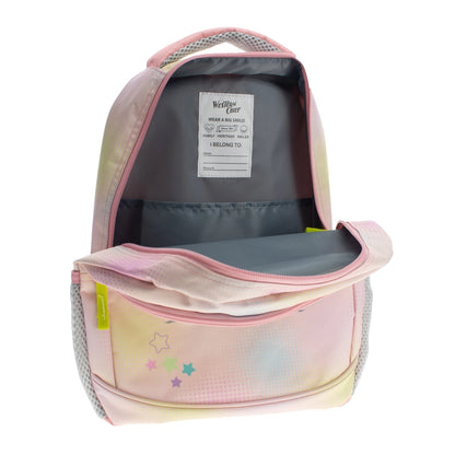 Pink unicorn backpack with colorful design on a white background