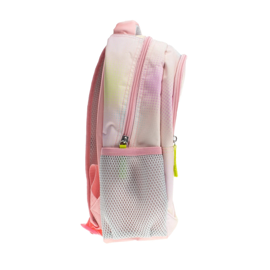 Pink unicorn backpack with a front pocket on a white background