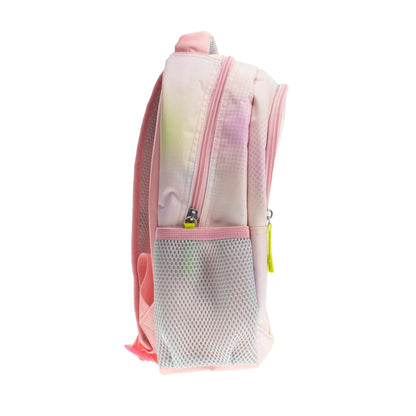 Pink unicorn backpack with a front pocket on a white background